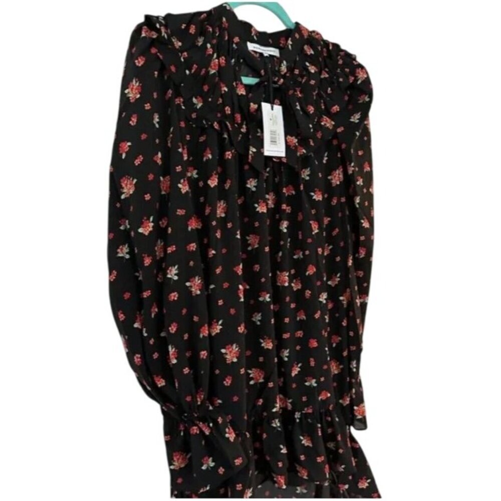 High Low Ruffle Dress Black Multi Floral Chiffon Long Sleeve Detachable Slip M - Picture 6 of 8